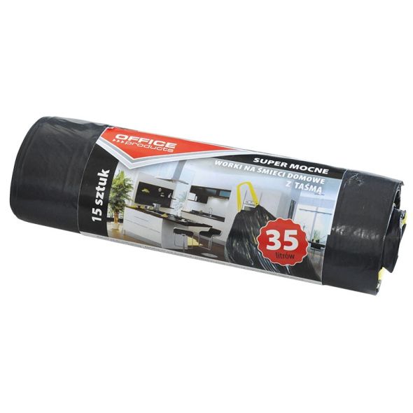 Saci menaj super rezistenti 35L, cu snur, 46 x 56cm, 25 microni, 15buc/rola, Office Products -negri